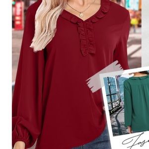 Red Ruffled V-Neck Bell Sleeve Top Chiffon Shirt